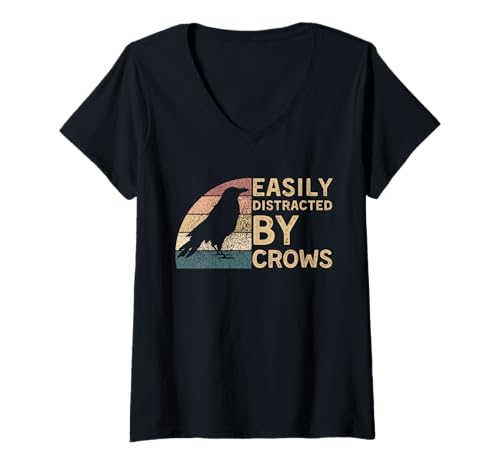 Damen Retro, leicht ablenkbar von Crows Raven Crow Lover T-Shirt mit V-Ausschnitt von Vintage Funny Distracted By Crow Design