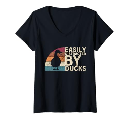 Damen Retro Leicht abgelenkt von Enten Bauernhof Tier Entenliebhaber T-Shirt mit V-Ausschnitt Damen Retro Leicht abgelenkt von Enten Bauernhof Tier Entenliebhaber T-Shirt mit V-Ausschnitt von Vintage Funny Distracted By Ducks Design