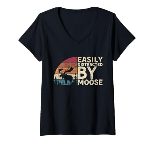Damen Retro Easily Distracted by Elch Wild Animal Elch Lover T-Shirt mit V-Ausschnitt von Vintage Funny Distracted By Moose Design