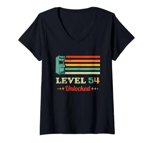 Damen Level 54 Unlocked Gamer Birthday Retro T-Shirt mit V-Ausschnitt Damen Level 54 Unlocked Gamer Birthday Retro T-Shirt mit V-Ausschnitt von Vintage Gamer Birthday 54 Years