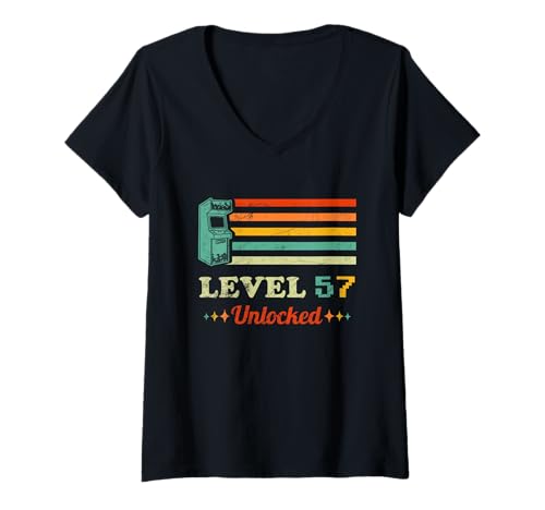 Damen Level 57 Unlocked Gamer Birthday Retro T-Shirt mit V-Ausschnitt Damen Level 57 Unlocked Gamer Birthday Retro T-Shirt mit V-Ausschnitt von Vintage Gamer Birthday 56 Years