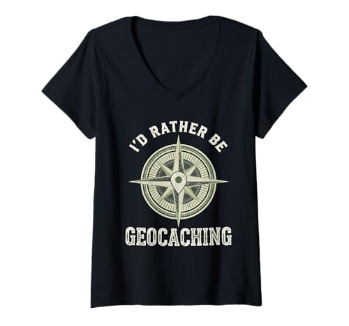 Damen Vintage Geocaching Distressed Design für Schatzjäger T-Shirt mit V-Ausschnitt von Vintage Geocacher Treasure Co