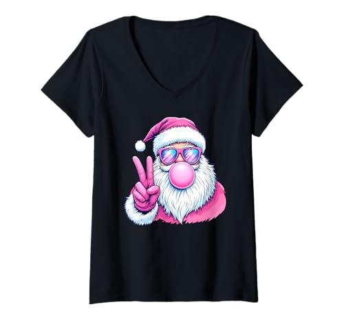 Damen Pink Santa Weihnachtsmann mit Kaugummi Weihnachten T-Shirt mit V-Ausschnitt von Vintage Geschenkideen zu Weihnachten