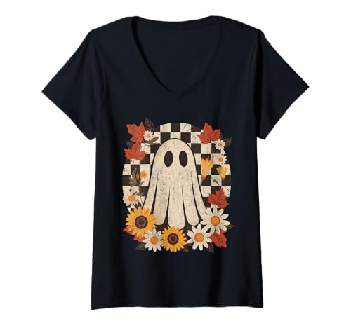 Damen Retro Floral Ghost Sunflowers Autumn Leaves Spooky Halloween T-Shirt mit V-Ausschnitt von Vintage Ghost Thanksgiving Fall Halloween Costume