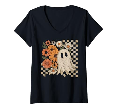 Damen Vintage Floral Geist | Retro Halloween Design mit Blumen T-Shirt mit V-Ausschnitt von Vintage Ghost Thanksgiving Fall Halloween Costume