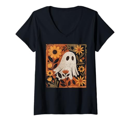 Damen Vintage Floral Geist | Retro Halloween Design mit Blumen T-Shirt mit V-Ausschnitt von Vintage Ghost Thanksgiving Fall Halloween Costume