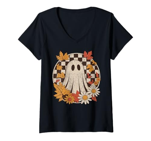 Damen Vintage Floral Geist | Retro Halloween Design mit Blumen T-Shirt mit V-Ausschnitt von Vintage Ghost Thanksgiving Fall Halloween Costume