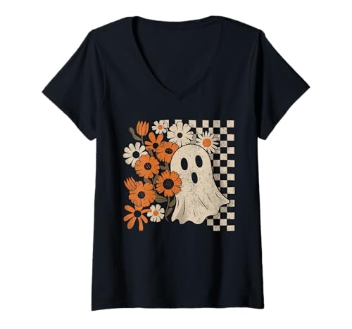Damen Vintage Floral Geist | Retro Halloween Design mit Blumen T-Shirt mit V-Ausschnitt von Vintage Ghost Thanksgiving Fall Halloween Costume