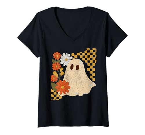 Damen Vintage Floral Geist | Retro Halloween Design mit Blumen T-Shirt mit V-Ausschnitt von Vintage Ghost Thanksgiving Fall Halloween Costume