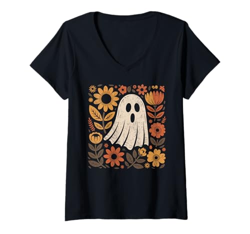 Damen Vintage Floral Geist | Retro Halloween Design mit Blumen T-Shirt mit V-Ausschnitt Damen Vintage Floral Geist | Retro Halloween Design mit Blumen T-Shirt mit V-Ausschnitt von Vintage Ghost Thanksgiving Fall Halloween Costume