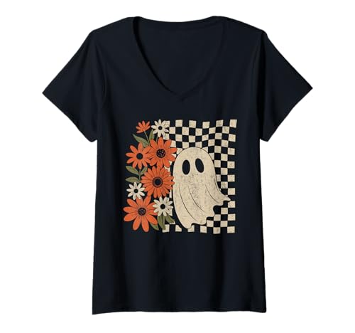 Damen Vintage Floral Geist | Retro Halloween Design mit Blumen T-Shirt mit V-Ausschnitt von Vintage Ghost Thanksgiving Fall Halloween Costume