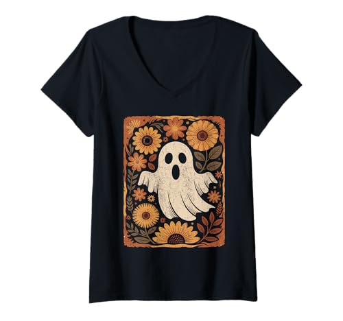 Damen Vintage Floral Geist | Retro Halloween Design mit Blumen T-Shirt mit V-Ausschnitt von Vintage Ghost Thanksgiving Fall Halloween Costume