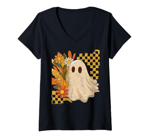 Damen Vintage Floral Geist | Retro Halloween Design mit Blumen T-Shirt mit V-Ausschnitt von Vintage Ghost Thanksgiving Fall Halloween Costume