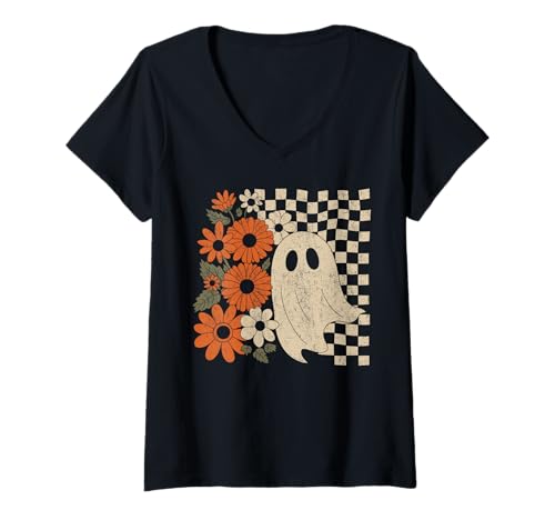 Damen Vintage Floral Geist | Retro Halloween Design mit Blumen T-Shirt mit V-Ausschnitt Damen Vintage Floral Geist | Retro Halloween Design mit Blumen T-Shirt mit V-Ausschnitt von Vintage Ghost Thanksgiving Fall Halloween Costume