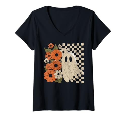 Damen Vintage Floral Geist | Retro Halloween Design mit Blumen T-Shirt mit V-Ausschnitt Damen Vintage Floral Geist | Retro Halloween Design mit Blumen T-Shirt mit V-Ausschnitt von Vintage Ghost Thanksgiving Fall Halloween Costume