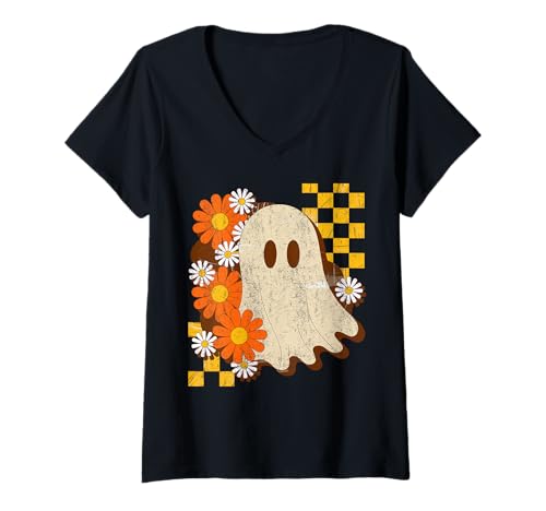 Damen Vintage Floral Geist | Retro Halloween Design mit Blumen T-Shirt mit V-Ausschnitt Damen Vintage Floral Geist | Retro Halloween Design mit Blumen T-Shirt mit V-Ausschnitt von Vintage Ghost Thanksgiving Fall Halloween Costume