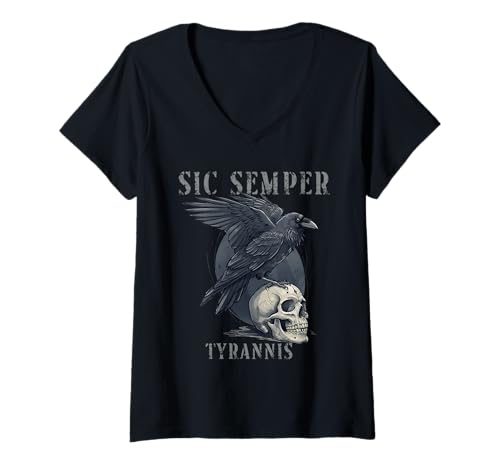 Damen Sic Semper Tyrannis & Rabenschädel T-Shirt mit V-Ausschnitt von Vintage Goth Sic Semper Tyrannis & Raven Skull Tee