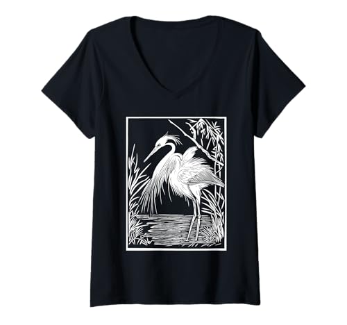 Damen Reiher T-Shirt mit V-Ausschnitt von Vintage Graphic