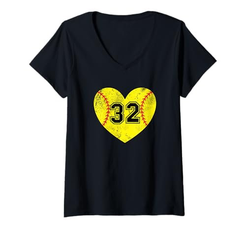 Damen Softball Heart Player #32 Softball Mama Papa Varsity Team T-Shirt mit V-Ausschnitt von Vintage Grunge Softball Jersey Player #32