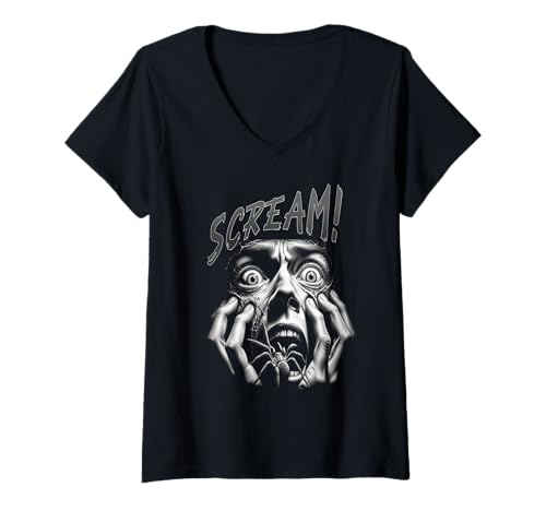Damen Schrei Horror Spinne Gesicht Angst Grusel Alptraum T-Shirt mit V-Ausschnitt von Vintage Grusel Schocker für Halloweenfans