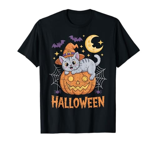Niedliche Katze auf Kürbis Kinder passendes Halloween T-Shirt von Vintage Halloween Cat Costume Ideas And Gift