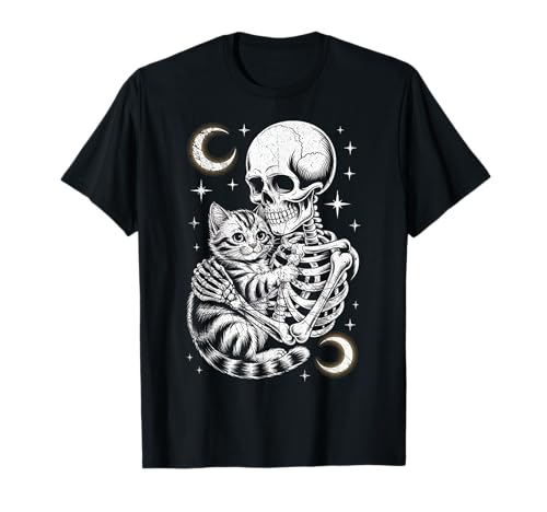 Skelett umarmende Katze Halloween Kitty Liebhaber Kätzchen Mama Papa T-Shirt von Vintage Halloween Cat Costume Ideas And Gift