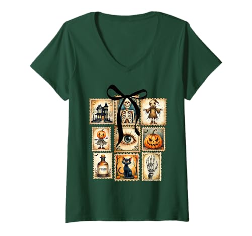 Damen Vintage Halloween Stempel Spukhaus Giftkatze T-Shirt mit V-Ausschnitt Damen Vintage Halloween Stempel Spukhaus Giftkatze T-Shirt mit V-Ausschnitt von Vintage Halloween Postage Skeleton Pumpkin Co.