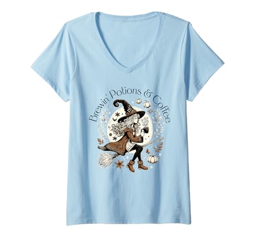 Damen Brewin Potions and Coffee Cottagecore Aesthetic Coffee Witch T-Shirt mit V-Ausschnitt Damen Brewin Potions and Coffee Cottagecore Aesthetic Coffee Witch T-Shirt mit V-Ausschnitt von Vintage Halloween Witch Pun Retro Witches