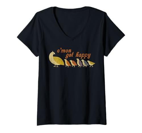 Damen C'mon Get Happy Retro Wachtelfamilie, niedliches Design T-Shirt mit V-Ausschnitt Damen C'mon Get Happy Retro Wachtelfamilie, niedliches Design T-Shirt mit V-Ausschnitt von Quirky Vintage Bird Enthusiasts Merchandise Co.