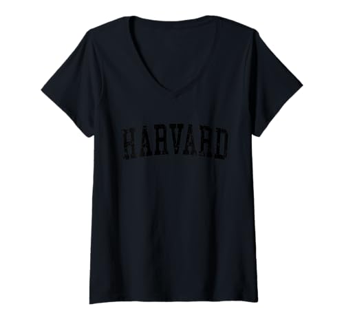 Damen Harvard IL im Vintage-Stil, schwarz, im Used-Look T-Shirt mit V-Ausschnitt Damen Harvard IL im Vintage-Stil, schwarz, im Used-Look T-Shirt mit V-Ausschnitt von Vintage Harvard IL Varsity Text Apparel