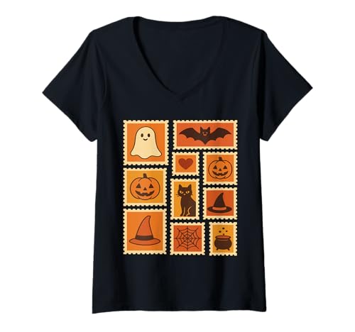 Damen Vintage Halloween Briefmarkensammlung T-Shirt mit V-Ausschnitt von Vintage Hauntings Collector Items