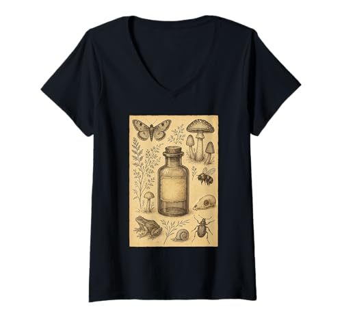 Damen Dark Academia Entomology Witchy Cottagecore Gothic T-Shirt mit V-Ausschnitt von Vintage Herbs Mushrooms Insect Dark Cottagecore
