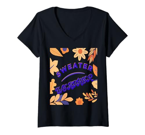 Damen Pulloverwetter Gemütlicher Herbst mit Blättern T-Shirt mit V-Ausschnitt Damen Pulloverwetter Gemütlicher Herbst mit Blättern T-Shirt mit V-Ausschnitt von Vintage Herbststil Gemütlichkeitsliebhaber