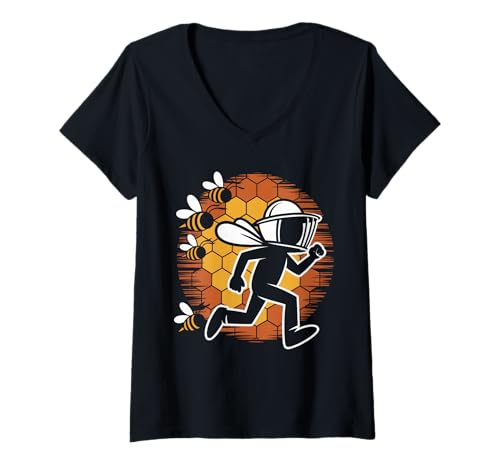 Damen Imker Chased by Bees Vintage Running Imker T-Shirt mit V-Ausschnitt Damen Imker Chased by Bees Vintage Running Imker T-Shirt mit V-Ausschnitt von Vintage Honeybee Beekeeping Bee Lover Tee Co.