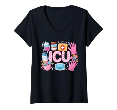 Damen Funny Intensivstation Intensivstation Krankenschwester Notkrankenschwester T-Shirt mit V-Ausschnitt Damen Funny Intensivstation Intensivstation Krankenschwester Notkrankenschwester T-Shirt mit V-Ausschnitt von Vintage ICU Nurse Appreciation Day Apparel
