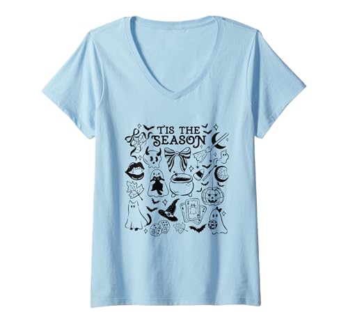 Damen Gruseliges Halloween-Motiv mit Geisterfledermaus und Kürbismotiv von Tis The Season T-Shirt mit V-Ausschnitt Damen Gruseliges Halloween-Motiv mit Geisterfledermaus und Kürbismotiv von Tis The Season T-Shirt mit V-Ausschnitt von Vintage Illustration Haunted Holiday Items Design