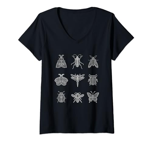 Damen Vintage Insekten Biene Schmetterling Libelle Marienkäfer Käfer Motte T-Shirt mit V-Ausschnitt von Vintage Insect Bug Designs