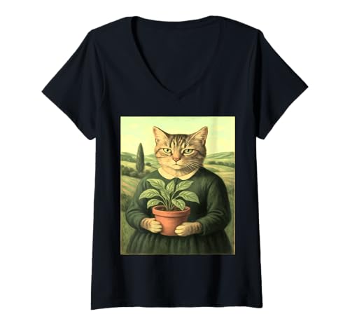 Damen Katze mit Pflanze - Vintage Art Parodie Remix T-Shirt mit V-Ausschnitt von Vintage Inspirations