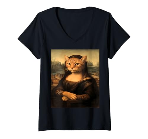 Damen Meowna Lisa - Vintage Art Parodie Remix T-Shirt mit V-Ausschnitt Damen Meowna Lisa - Vintage Art Parodie Remix T-Shirt mit V-Ausschnitt von Vintage Inspirations