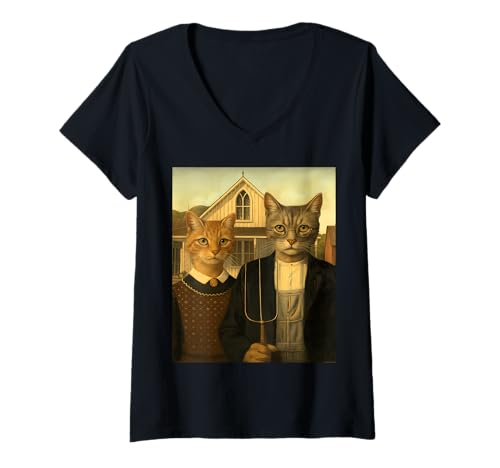 Damen Purr-Merican Gothic - Vintage Art Parodie Remix T-Shirt mit V-Ausschnitt Damen Purr-Merican Gothic - Vintage Art Parodie Remix T-Shirt mit V-Ausschnitt von Vintage Inspirations