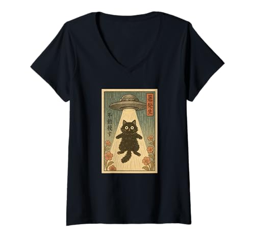 Damen Kawaii Retro Alien Cat UFO Abduction T-Shirt mit V-Ausschnitt von Vintage Japanese Cat Alien Apparel