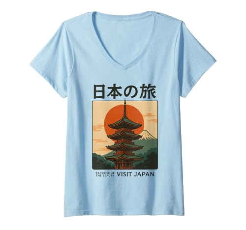 Damen Besuchen Sie Japan Vintage Erleben Sie die Schönheit Japanisches Poster T-Shirt mit V-Ausschnitt von Vintage Japanese Poster Art Japan Lovers DonaOnca