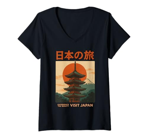 Damen Besuchen Sie Japan Vintage Erleben Sie die Schönheit Japanisches Poster T-Shirt mit V-Ausschnitt von Vintage Japanese Poster Art Japan Lovers DonaOnca