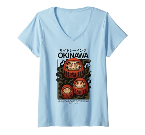 Damen Daruma Dolls Art Okinawa Tourismus Vintage Japanisches Poster T-Shirt mit V-Ausschnitt von Vintage Japanese Poster Art Japan Lovers DonaOnca