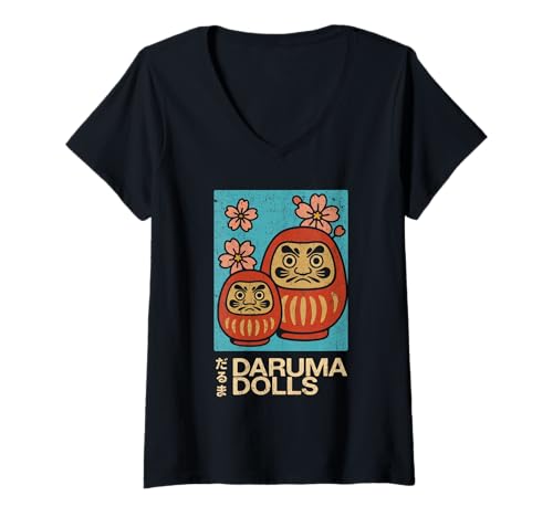 Damen Daruma Dolls Kunst Tourismus Vintage Glücksbringer Japanisches Poster T-Shirt mit V-Ausschnitt von Vintage Japanese Poster Art Japan Lovers DonaOnca