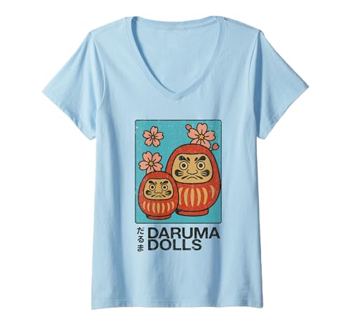 Damen Daruma Dolls Kunst Tourismus Vintage Glücksbringer Japanisches Poster T-Shirt mit V-Ausschnitt von Vintage Japanese Poster Art Japan Lovers DonaOnca