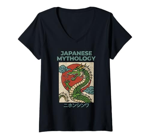 Damen Japanischer Drache Asien Mythologie Cool Japanisches Poster T-Shirt mit V-Ausschnitt Damen Japanischer Drache Asien Mythologie Cool Japanisches Poster T-Shirt mit V-Ausschnitt von Vintage Japanese Poster Art Japan Lovers DonaOnca