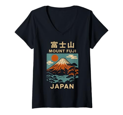 Damen Japanisches Poster, Motiv: Mount Fuji Visit Asia Tourismus, Cooles Japanisches Poster T-Shirt mit V-Ausschnitt Damen Japanisches Poster, Motiv: Mount Fuji Visit Asia Tourismus, Cooles Japanisches Poster T-Shirt mit V-Ausschnitt von Vintage Japanese Poster Art Japan Lovers DonaOnca