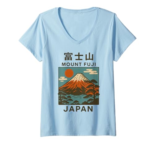 Damen Japanisches Poster, Motiv: Mount Fuji Visit Asia Tourismus, Cooles Japanisches Poster T-Shirt mit V-Ausschnitt Damen Japanisches Poster, Motiv: Mount Fuji Visit Asia Tourismus, Cooles Japanisches Poster T-Shirt mit V-Ausschnitt von Vintage Japanese Poster Art Japan Lovers DonaOnca