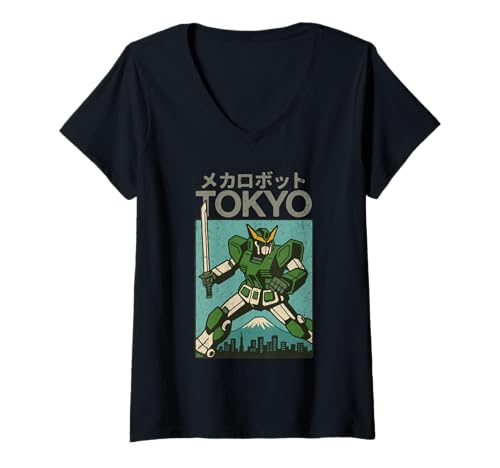 Damen Mecha Robot Fghting Pose Boys Vintage Japanisches Poster Tokio T-Shirt mit V-Ausschnitt von Vintage Japanese Poster Art Japan Lovers DonaOnca